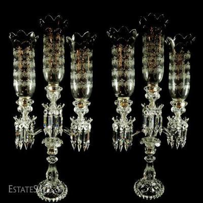 PAIR BACCARAT FRANCE CRYSTAL CANDELABRA WITH CRYSTAL DROPS, OVER 2 FEET TALL!