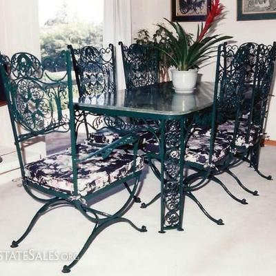 Wrought Iron Table with Marble Slab Top & 6 Chairs