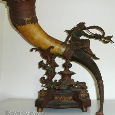 Antique Art Nouveau Bronze Cattle Horn Sculpture