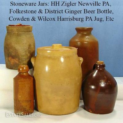 1800s signef stoneware by HH  Zigler, Cowen and Wilcox, covered canisters and more