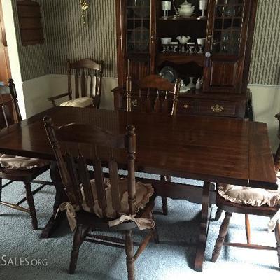 Dining room table, 6 chairs, and china cupboard (also has 2 end leaves)