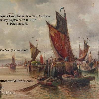 1020)	Large Karl Kauffmann Oil/Canvas Dutch Fishing Boats signed L. Perla