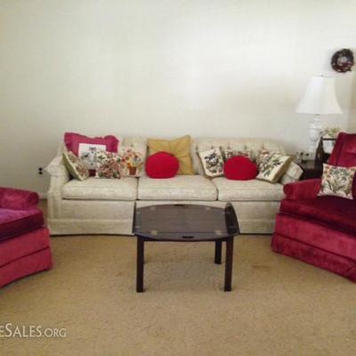 sofa and upholstered chairs and coffee table