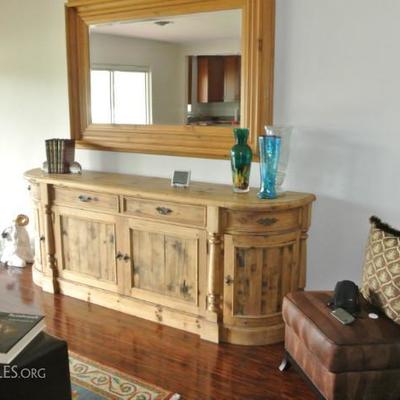 Pine Credenza And Framed Mirror