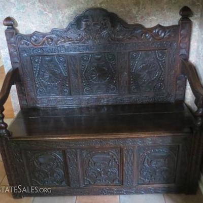 Hand-carved bench, English Oak Settle