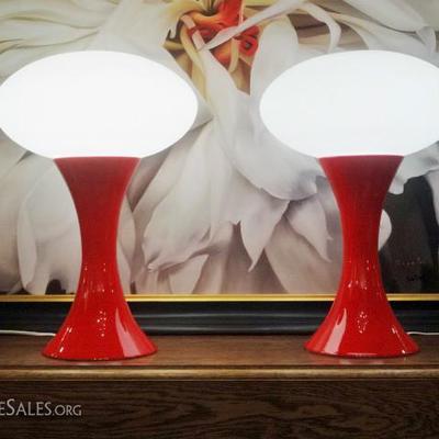 MID CENTURY MUSHROOM LAMPS, RED CERAMIC BASES, WHITE FROSTED GLASS SHADES, IN THE MANNER OF LAUREL LAMPS