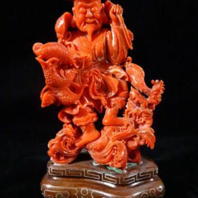 CHINESE RED CORAL SCULPTURE ON WOOD BASE