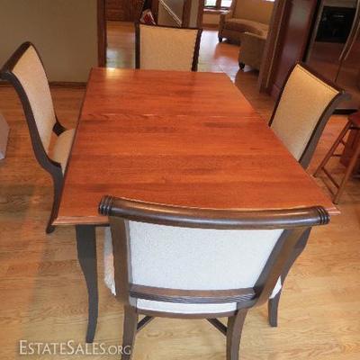Wooden kitchen table (1 leaf included) and 6 Walter E Smith Custom Dining Chairs