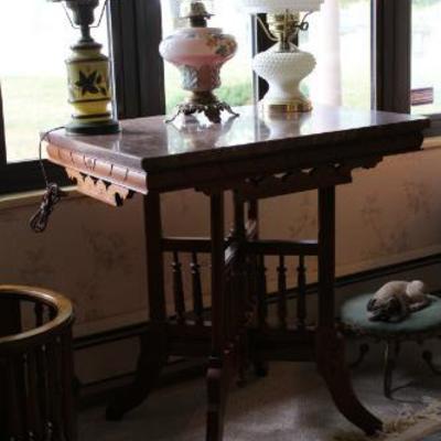 Antique Marble Top Table, Antique Lamps