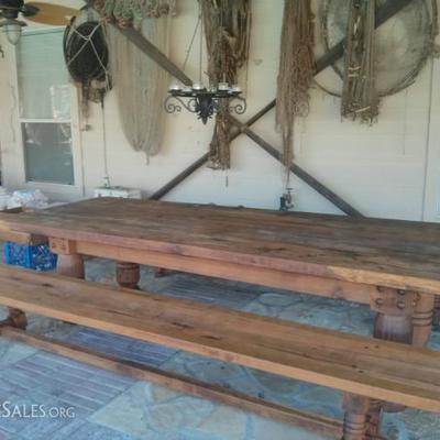 Handmade solid oak table w/ two benches. 