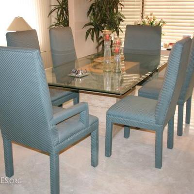 Travertine and glass dinning room set with high back chairs