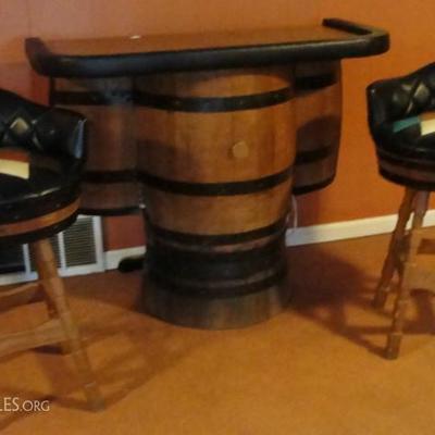 2 barrel bar stools and bar