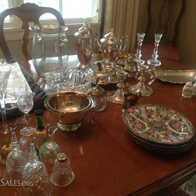 Silver Bowls, Coffee & Tea Pots, Waterford Vases, MIsc. Crystal Glasses & Murano Bells