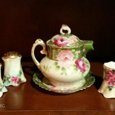 Limoges teapot, salt and pepper and tooth pick holder