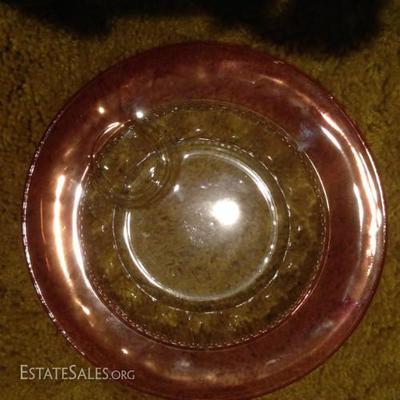 Part of the ruby banded glass dish set, there are two dozen of these dinner plates