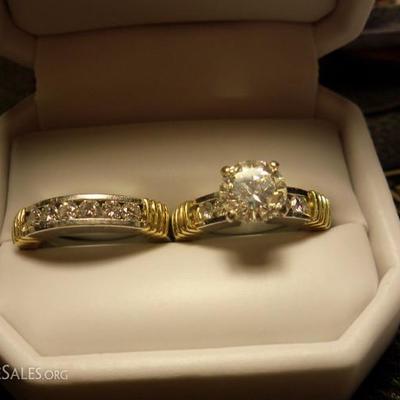 Ladies 3+ carat diamond Engagement ring in Platinum with yellow gold accents, Ladies 1+ carat Wedding band in Platinum with yellow gold...