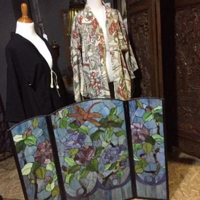 Vintage clothing 
Beautiful stain glass screen