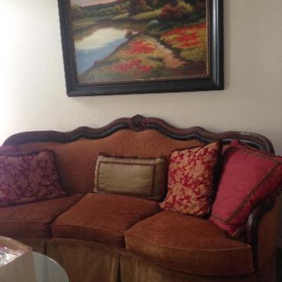 Sofa-Havertys Chenille Scroll Wood/Leather Insert/Brass Tacks-Elegant