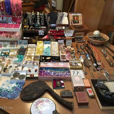 FINE & COSTUME JEWELRY, CUTLERY, MIRRORS. SOME STERLING, GOLD PLATE, VINTAGE….