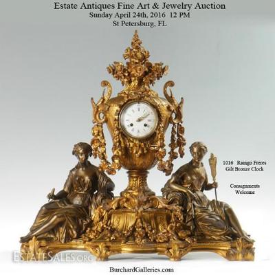 RAINGO FRERES FRENCH BRONZE FIGURAL CLOCK:  Gilt bronze body stamped H. Picard (Henri Picard, French 1840-1890) and stam