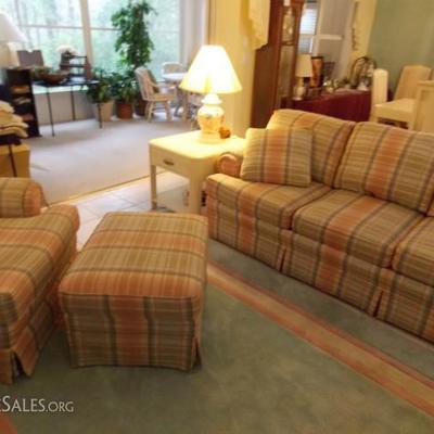 Matching sofa, chair & ottoman with coordinating area rug