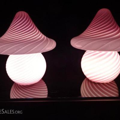 PAIR 1970's VETRI MURANO GLASS PINK SWIRL MUSHROOM LAMPS, LABELED MURANO