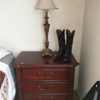 Night stand, cowboy boots, lamp