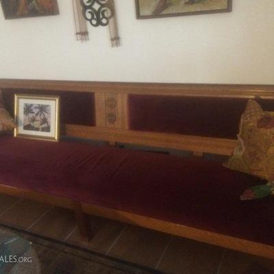 Vintage bench w/ maroon velvet seat and back, 7' long