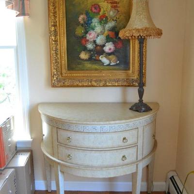 Demilune table and oil painting signed 