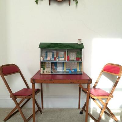 Vintage children's folding table & chairs set and 1960's tin litho doll house with plastic furniture
