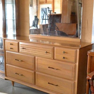 Vintage Light Wood Dresser & Mirror 7 Drawers