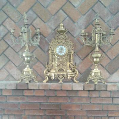 Solid Brass Mantel Clock & Candelabra Set Made in Italy