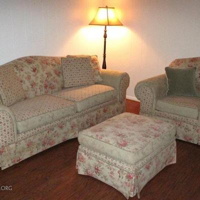 Rowe Furniture Co. Damask & Floral Pattern Upholstered Sofa w/Matching Throw Pillows, Easy Chair and Ottoman 
