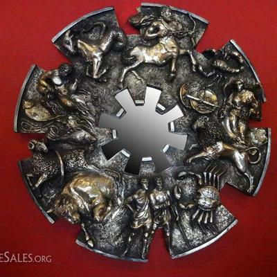1970's ZODIAC MIRROR, BAS RELIEF ZODIAC SIGNS IN SILVER FINISH, MOULDED FRAME, EXCELLENT CONDITION, 40