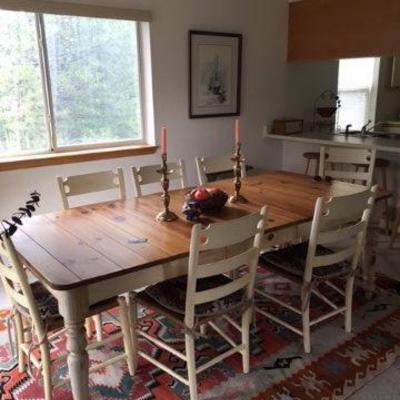 Dining Table with 2 leaves and 8 cushioned chairs