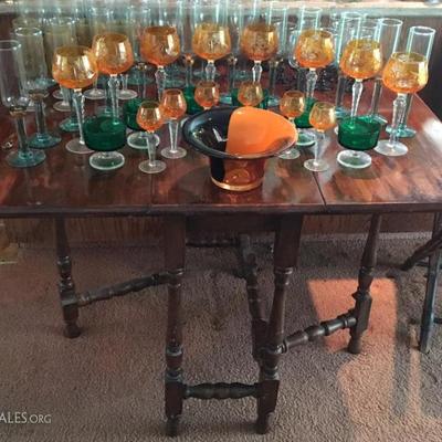 Cut Crystal, Depression Glass Goblets & Plates. Folding Gate Table (folds to 1/3 width here)