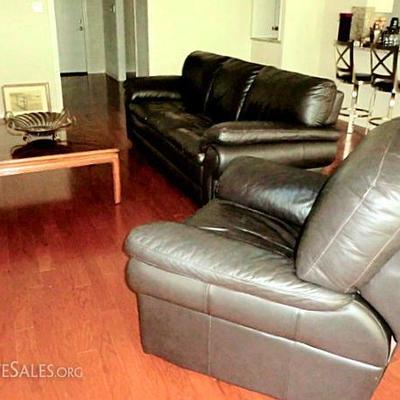 Ethan Allen charcoal grey leather couch and recliner
