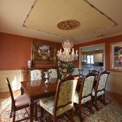 Old World French dining table and chairs, Crystal chandelier