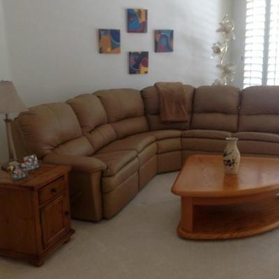 Taupe leather sectional with double recliner