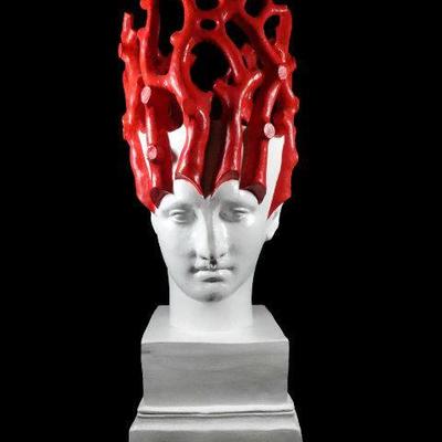 LARGE CERAMIC VASE, WHITE BUST WITH RED CORAL HEADDRESS