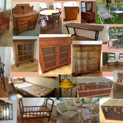 Antique steamer trunk, pie chest, curio, dresser, wash stand, antique high chair, antique cradle crib, antique twin bed