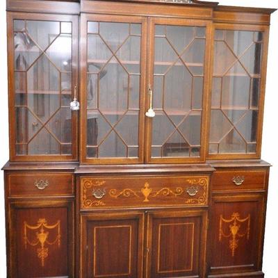 19th c. B. Cohen & Sons Ltd., London Fine Quality Old English Inlaid Figured Mahogany Breakfront Secretary Bookcase