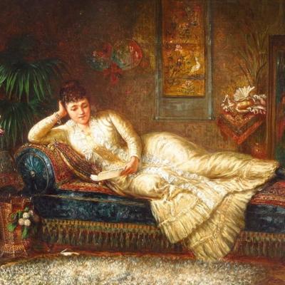 French School, 19th C., Lady Reading Letter, oil on canvas