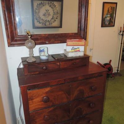 Flame mahogany chest and mirror