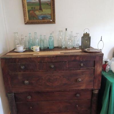 early flame mahogany empire chest, advertising, and bottles