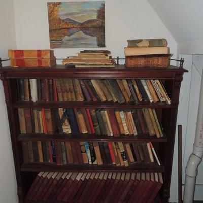 antique book case, lots of vintage and antique books