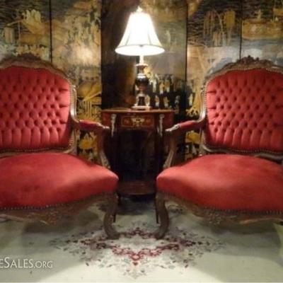 Pair Louis XV style red velvet armchairs
