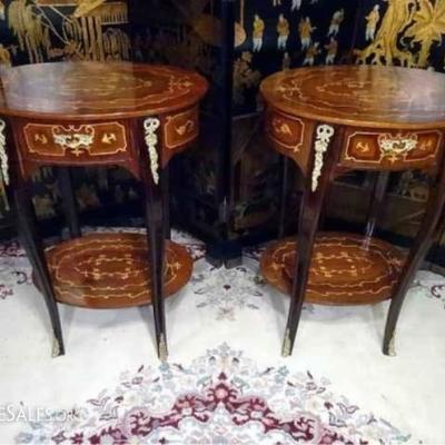 Pair Louis XV style inlaid marquetry tables with gilt metal mounts