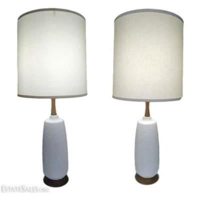 Pair 1960's white ceramic table lamps with teak bases