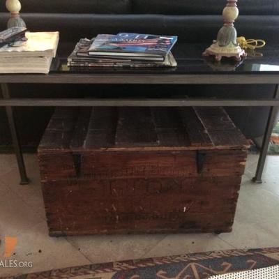 Console table with matching coffee table and antique trunk